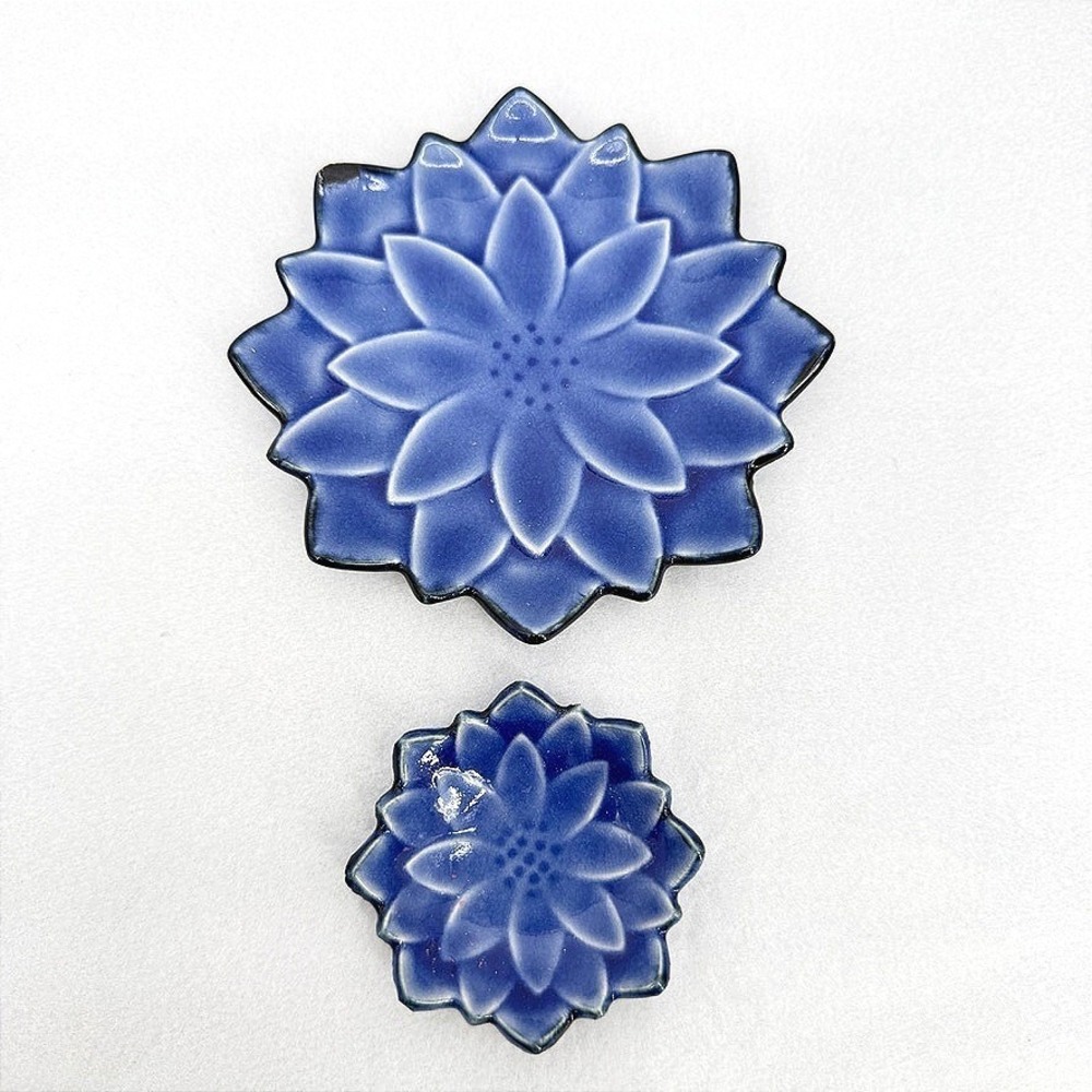 Pier 1 Ceramic Lotus Flower Trinket Dish Set Cobalt Blue Floral Decor 2 Pc Small